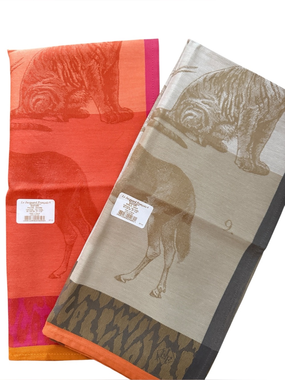 Le Jacquard Francais Safari Tea Towels Set of 2 Orange Sand Animal Print New
